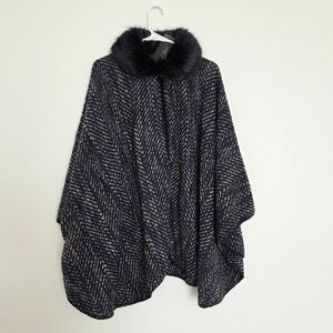 Cejon Black and Blue Poncho with Faux Fur Collar OSFM